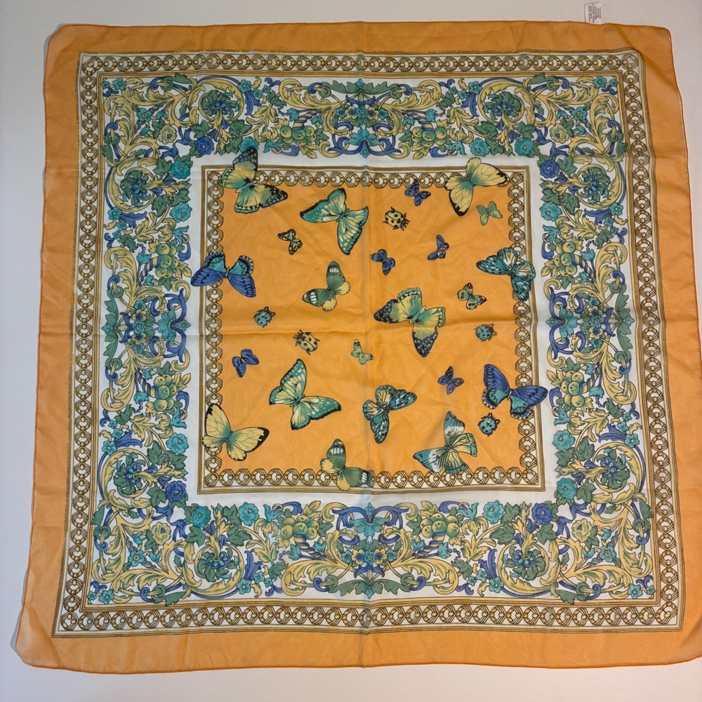 Butterfly Floral Baroque Square Scarf Made in Italy Sheer 34x33 Orange Yellow